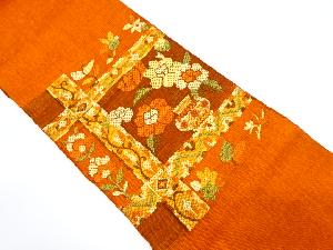 手織り真綿紬 格子に花瓶模様織り出し名古屋帯